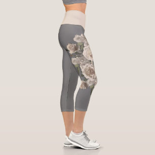 Vintage pink cream rose elegant floral grey capri leggings