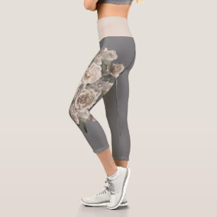 Vintage pink cream roses elegant floral on grey capri leggings