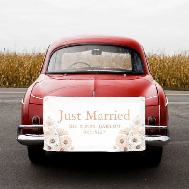 Vintage Pink Daisies Just Married Car Banner (Creator Uploaded)