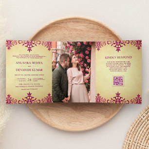 Vintage Pink Damask Ethnic QR Code Indian Wedding Tri-Fold Invitation