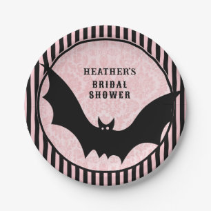 Vintage Pink Damask   Halloween Bat Bridal Shower Paper Plate