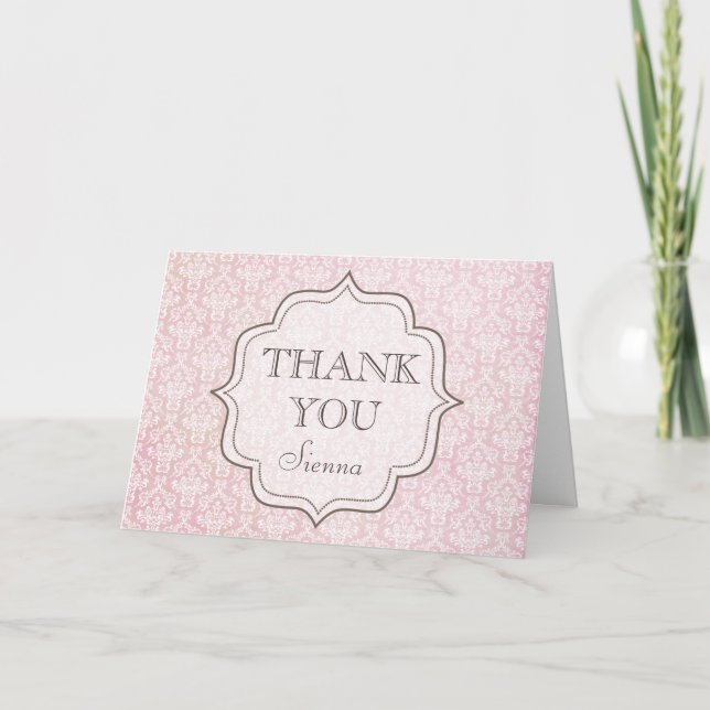 Vintage Pink Damask Thank You Greeting Card (Front)