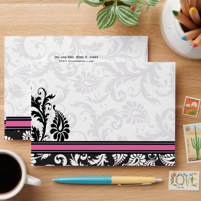 Vintage Pink Damask Wedding Envelopes (Desk)