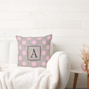 Vintage Pink Dots on Burlap Canvas Monogram Throw Pillow