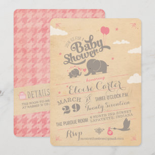Vintage Pink Elephant Baby Shower Invitations