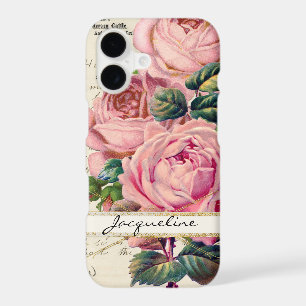 Vintage Pink English Roses w Script Handwriting