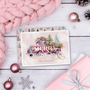 Vintage Pink Farm Truck Christmas Tree Foil Holiday Card