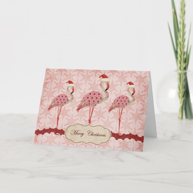 Vintage Pink Flamingos  Merry Christmas Card (Front)