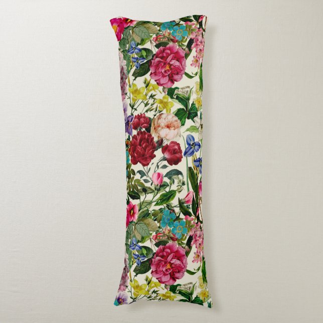 Vintage pink floral beige pattern body pillow (Front Vertical)