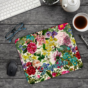 Vintage pink floral beige pattern monogram mouse p pad