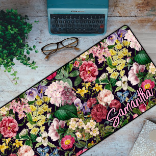 Vintage pink floral black pattern monogram desk mat