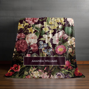 Vintage pink floral black pattern monogram fleece blanket