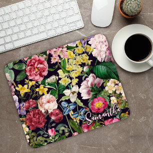 Vintage pink floral black pattern monogram mouse pad