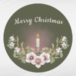 Vintage Pink Floral Candle Watercolor Christmas Classic Round Sticker<br><div class="desc">Vintage candle in holder with pink magnolia flowers</div>