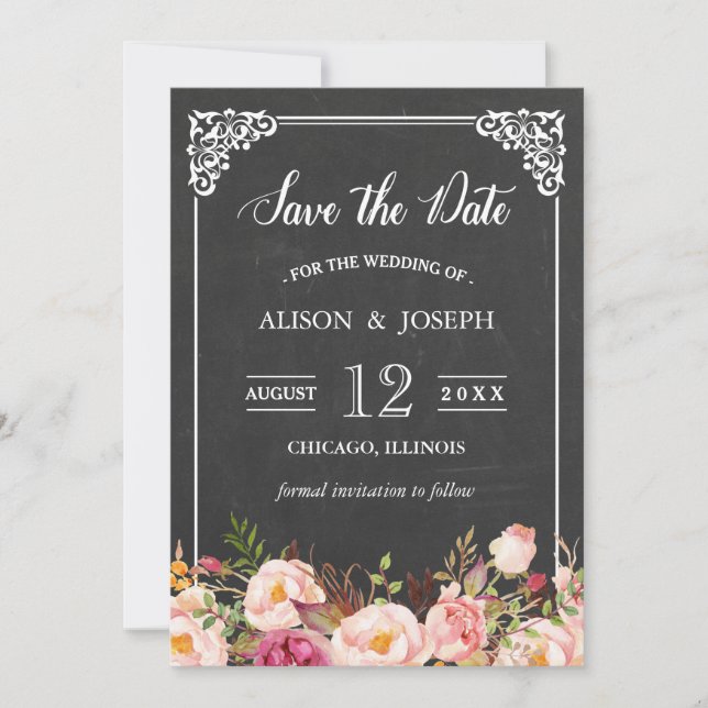 Vintage Pink Floral Chalkboard Save the Date (Front)