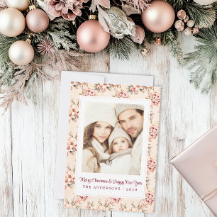 Vintage Pink Floral Christmas Customizable Flat Holiday Card