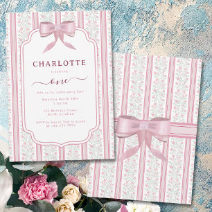 Vintage Pink Floral Coquette Bow Birthday Party Invitation