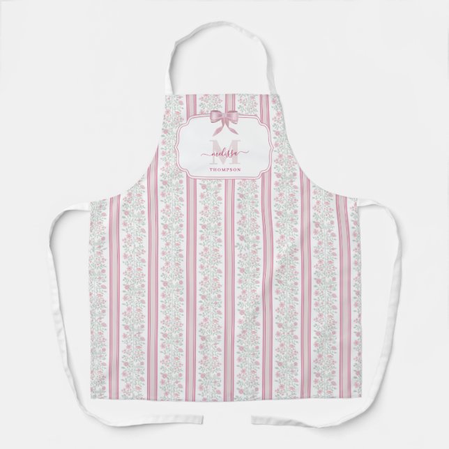 Vintage Pink Floral Coquette Bow Monogram Apron (Front)