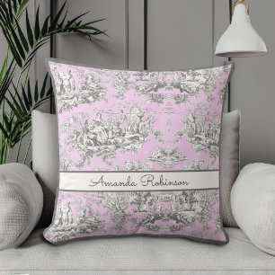 Vintage Pink Floral Lake Toile Monogram Throw Pillow