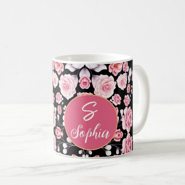 Vintage pink Floral pattern Monogrammed Coffee Mug (Front Right)