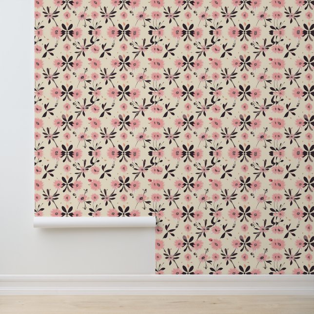 Vintage Pink Floral Pattern on Cream Wallpaper (Application)