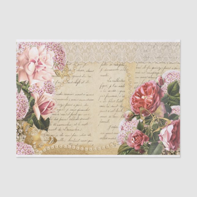 Vintage Pink Floral Pearls Butterfly Tissue Paper (Front)