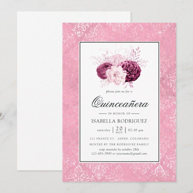 Vintage Pink Floral Quinceañera Invitation (Front/Back)