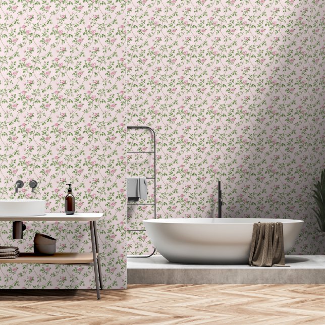 Vintage Pink Floral Romantic Rose Pattern Wallpaper (Bathroom)