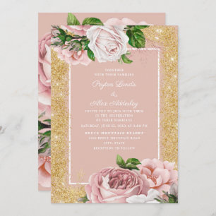 Vintage Pink Floral Rose Gold Glitter Wedding Invitation