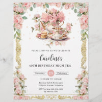 Vintage Pink Floral Roses High Tea Party Birthday