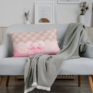 Vintage Pink Floral Roses Ribbon And Lace  Accent Pillow