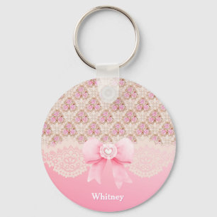 Vintage Pink Floral Roses Ribbon And Lace Monogram Keychain