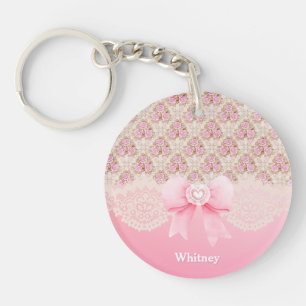 Vintage Pink Floral Roses Ribbon And Lace Name Keychain