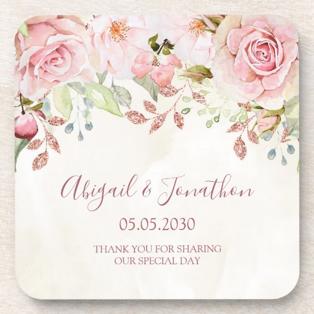 Vintage Pink Floral Spring Wedding Coaster (Front)