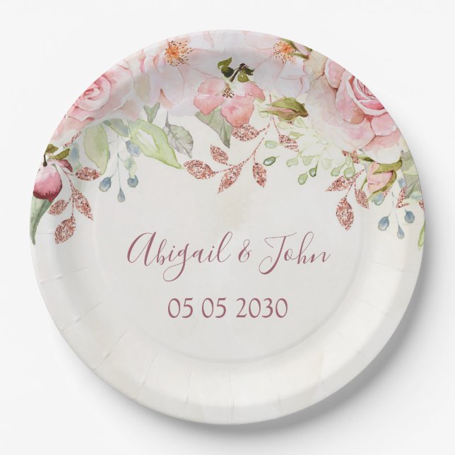 Vintage Pink Floral Spring Wedding Paper Plate (Front)