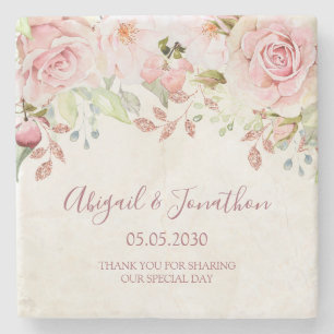 Vintage Pink Floral Spring Wedding Stone Coaster
