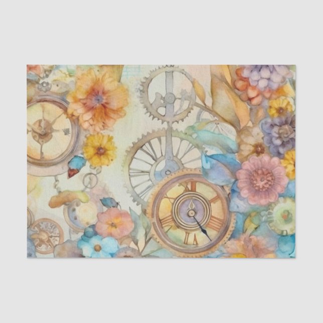 Vintage Pink Floral Steampunk Tissue Paper (Front)