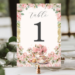 Vintage Pink Floral Tea Party Baby Bridal Shower Table Number