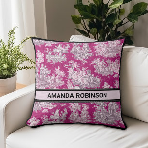 Vintage Pink Floral Toile de Jouy Monogram Throw Pillow