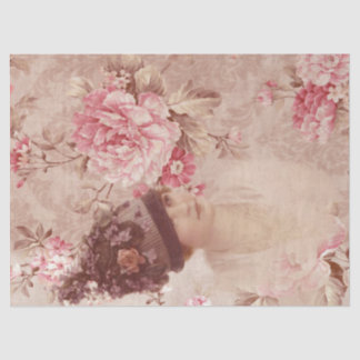 Vintage Pink Floral Woman in Hat Shabby Chic Tissue Paper