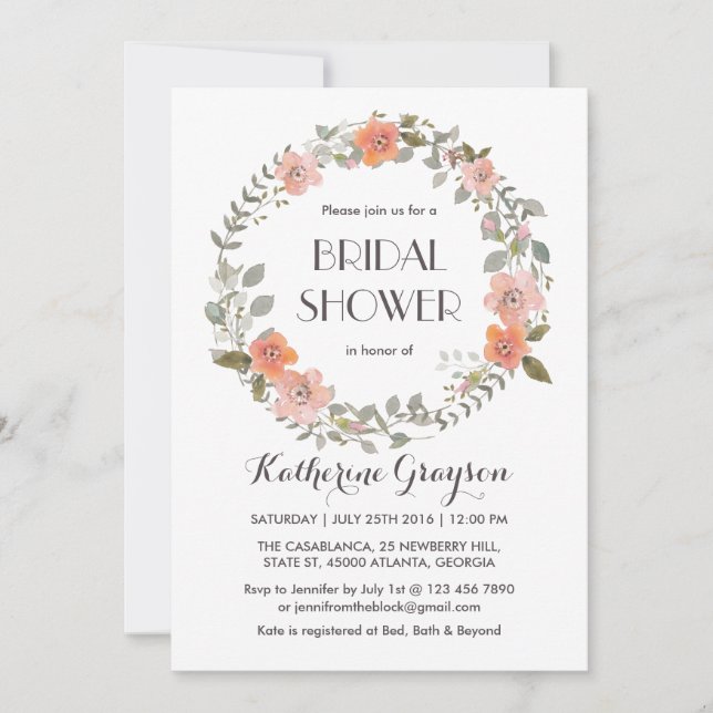 Vintage Pink Floral Wreath Bridal Shower Invite (Front)