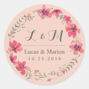 Vintage Pink Floral Wreath Monogram Sticker