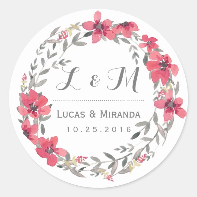 Vintage Pink Floral Wreath Wedding Favour Sticker (Front)
