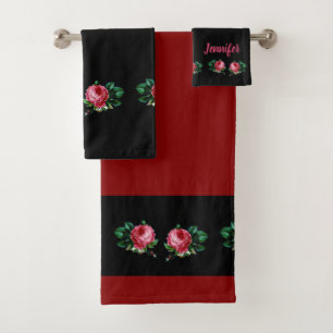 Vintage pink flower custom name black bath towel set