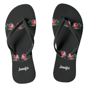 Vintage pink flower custom name black flip flops