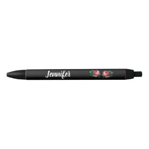 Vintage pink flower custom name black ink pen