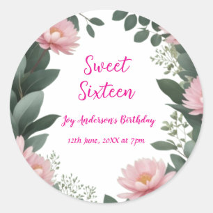 vintage pink flower green eucalyptus 16th birthday classic round sticker