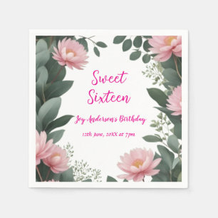 vintage pink flower green eucalyptus 16th birthday napkin
