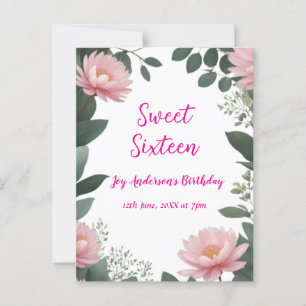 vintage pink flower green eucalyptus 16th birthday postcard