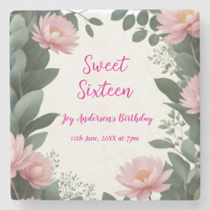 vintage pink flower green eucalyptus 16th birthday stone coaster